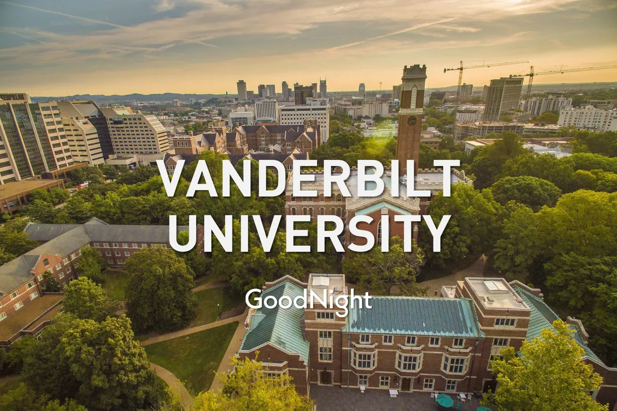 This view showcases Vanderbilt University’s recognizable buildings, clock tower, and the surrounding city skyline, framed by lush trees. The image captures both academic energy and the urban context of Midtown Nashville.