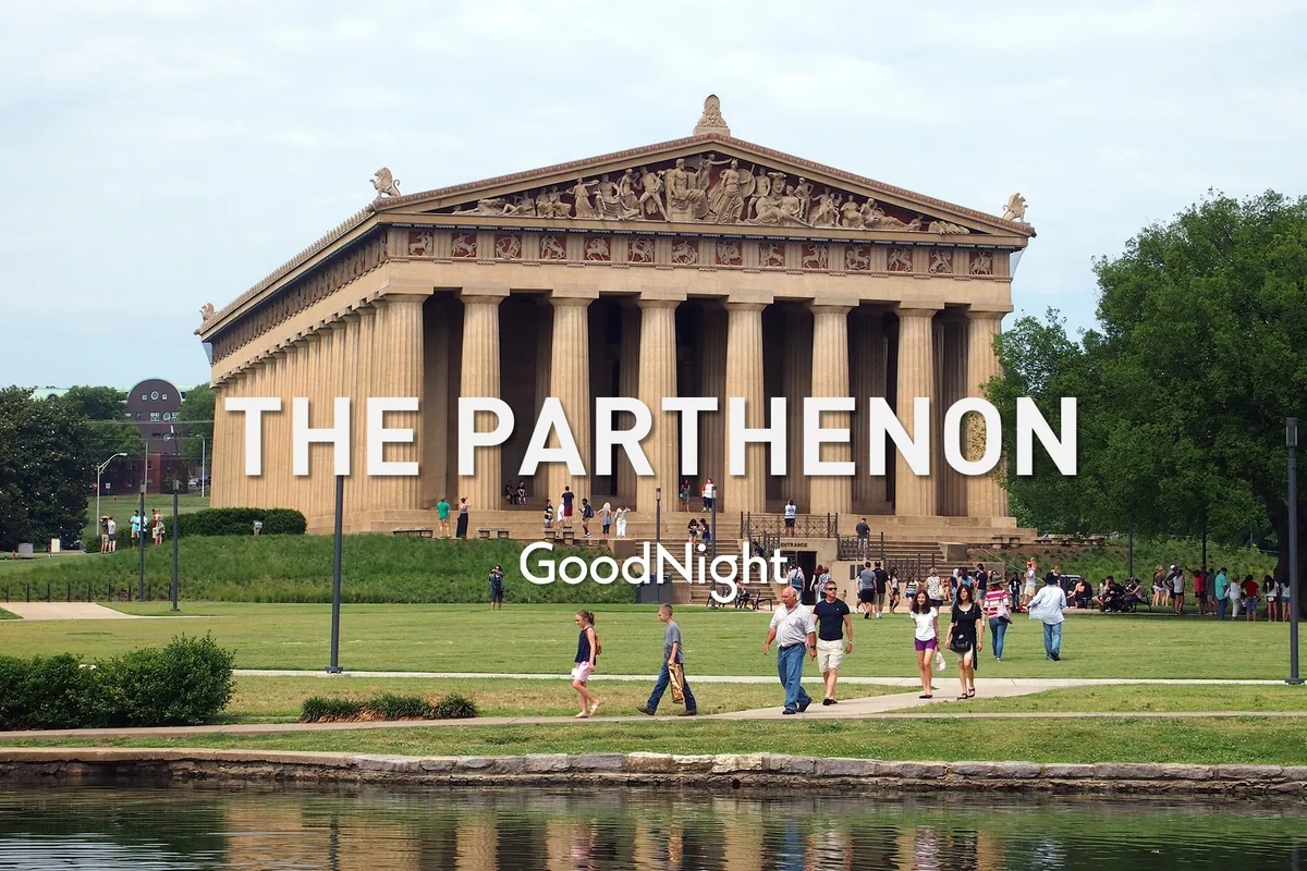 This vibrant outdoor image features The Parthenon in Centennial Park, with families and individuals enjoying the expansive green lawn, walking paths, and the striking water reflection. The scene conveys the joy of sightseeing, outdoor play, and relaxed family picnics against a backdrop of Nashville's iconic replica of the ancient Greek structure.