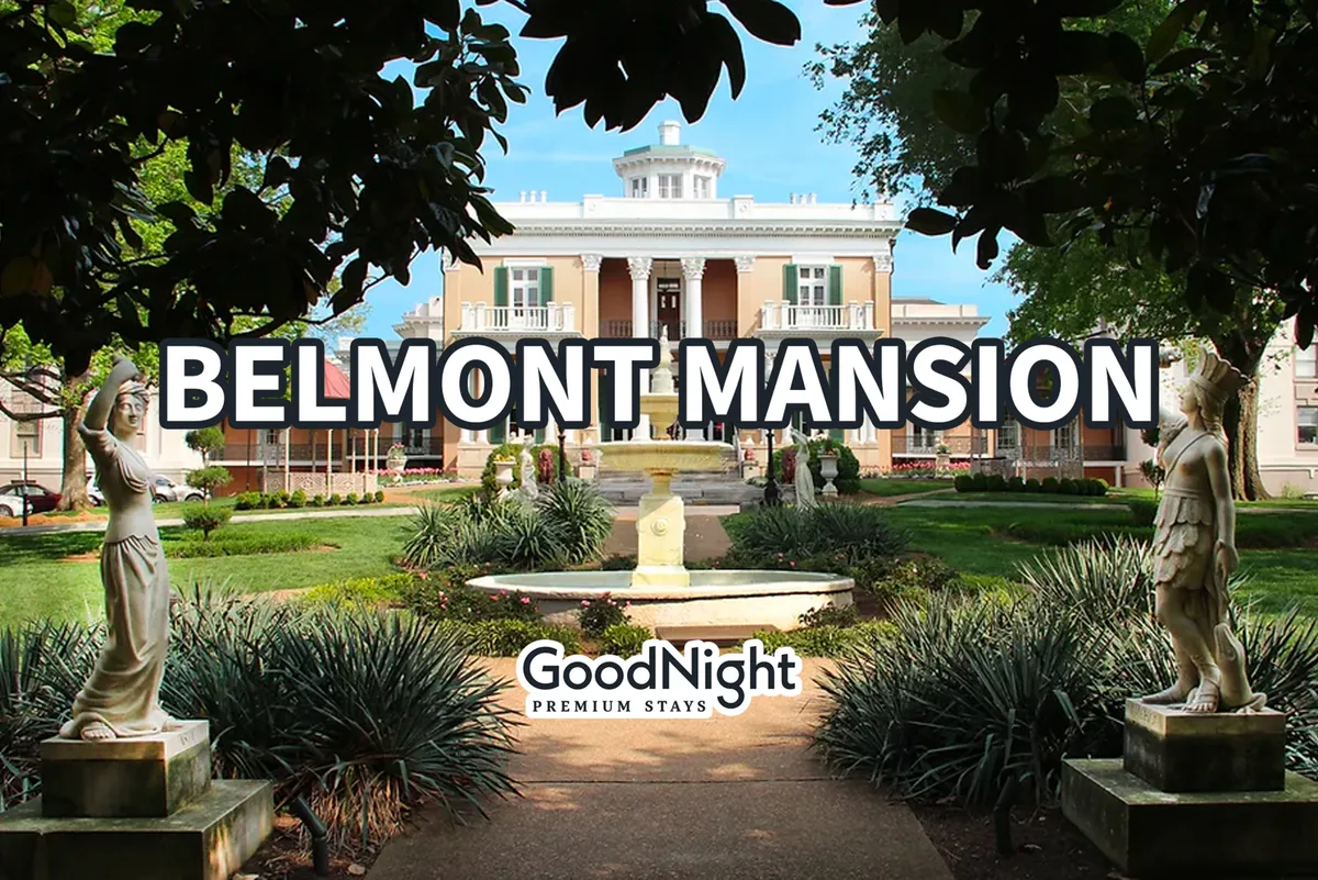 A grand exterior shot of Belmont Mansion surrounded by manicured gardens and elegant statues. The scene is serene yet majestic, capturing the historical and cultural richness that awaits families and history buffs exploring local heritage sites.